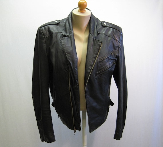 Vintage 80s Black Leather Motorcycle Jacket / 198… - image 1