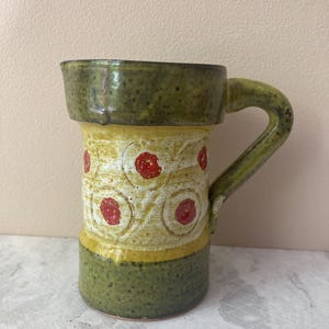 Handmade Italian Art Pottery Pitcher, Avocado Green Mid Century Decorative Mug, Brutalist Style Clay Vase,