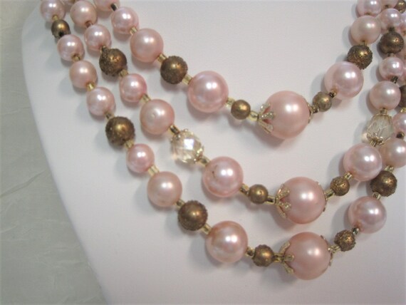 Vintage Pale Pink & Gold Dust Bead Necklace / VTG… - image 7