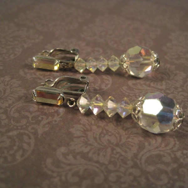 Vintage Crystal Drop Earrings / Lewis Segel AB Clip Ons / 50s 60s Bridal Wedding Holiday Glamour