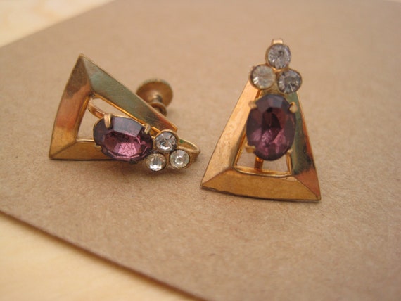 Vintage Amythest Glass & Rhinestone Earrings / VT… - image 5