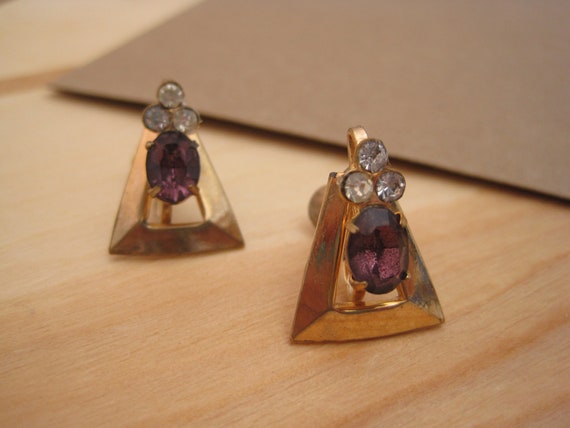Vintage Amythest Glass & Rhinestone Earrings / VT… - image 6