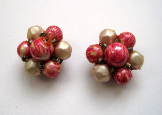 Vintage Bead Cluster Earring Multi Hot Pink Brass