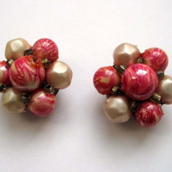 Vintage Bead Cluster Earring Multi Hot Pink Brass Faux Pearl Clip-On Hong Kong 1960s