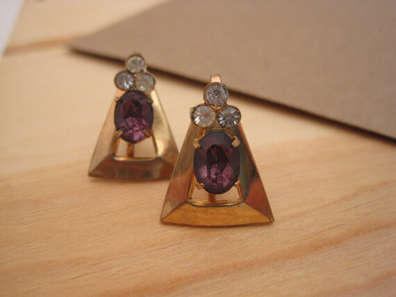 Vintage Amythest Glass & Rhinestone Earrings / VT… - image 7
