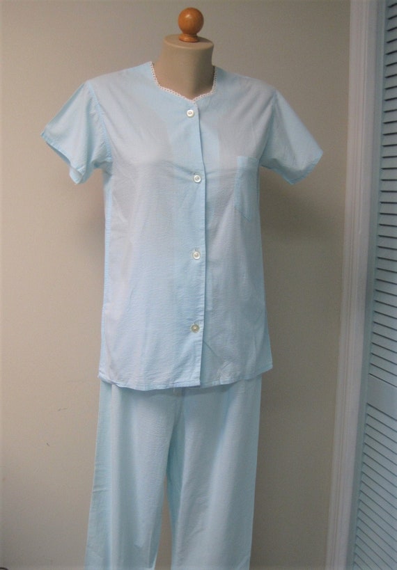 Vintage Blue Seersucker Pajamas / VTG Cotton Summe