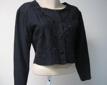 Vintage 80s Black Cropped Top / VTG Embroidered Button Jacket Top