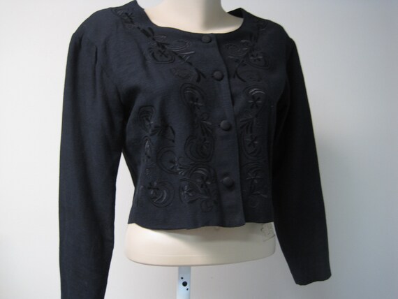 Vintage 80s Black Cropped Top / VTG Embroidered B… - image 1