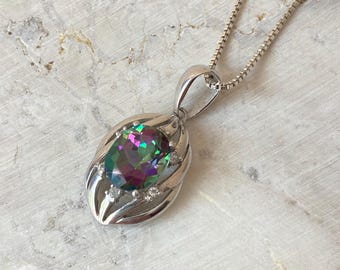 Mystic Topaz Pendant with White Topaz Accents, Sterling Silver 20” Chain, 925 Italy