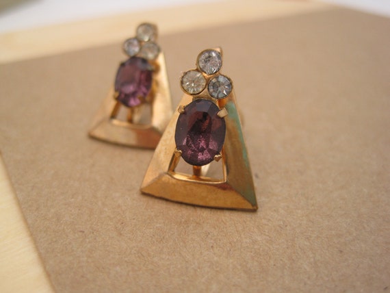 Vintage Amythest Glass & Rhinestone Earrings / VT… - image 1