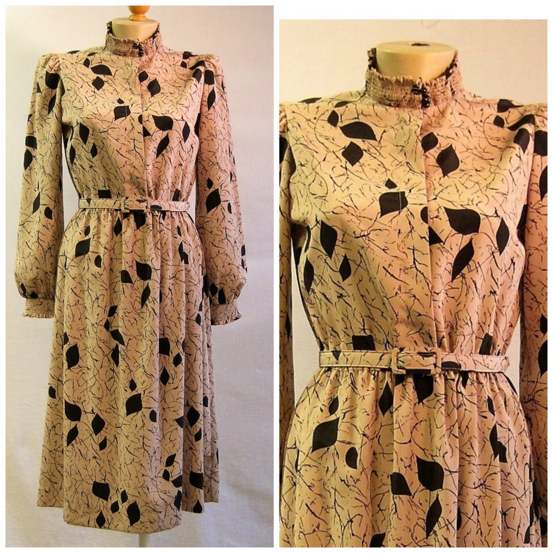 Afternoon Leaves / Vintage 70s Print Dress / Silky Belted 1970s Dress image 1