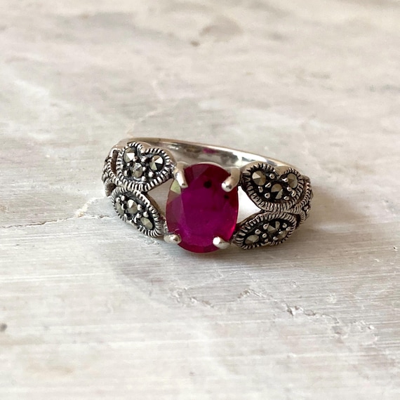 Mahaleo Ruby Ring in Marcasite Setting, 925 Sterl… - image 1
