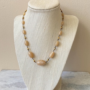Vintage Satin Glass Necklace, Pale Peach Art Deco Pressed Glass Beaded Necklace, Bohemian Art Glass