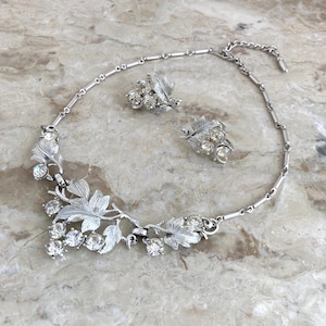Vintage Coro Clear Rhinestone Set / Cocktail Bridal Evening Necklace & Earring Set / VTG 50s 60s Crystal Choker with Clip On Earrings