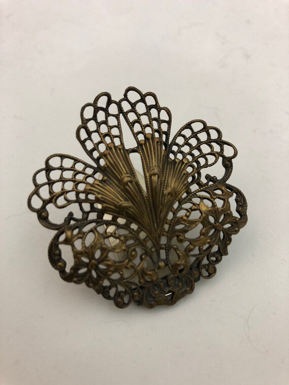 Vintage 1930s Brass Dress Clip / Art Deco Fan & Flora… Gem