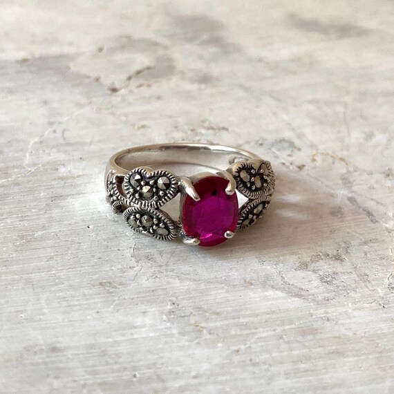 Mahaleo Ruby Ring in Marcasite Setting, 925 Sterl… - image 2