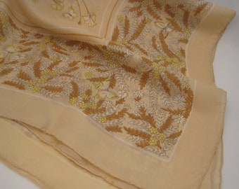 Vintage Silk Scarf Daisies & Butterflies / VTG Muted Earth Tone Neutral Headscarf Kerchief Fashion Scarf
