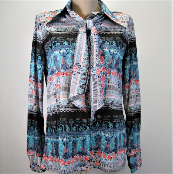 VTG 70s Print Blouse  / Floral Stripe Polyester T… - image 1