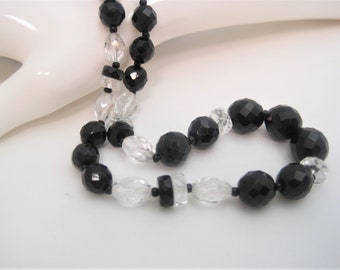 Vintage Faceted Glass Bead Necklace / Black & Crystal Long Graduated Beaded Necklace