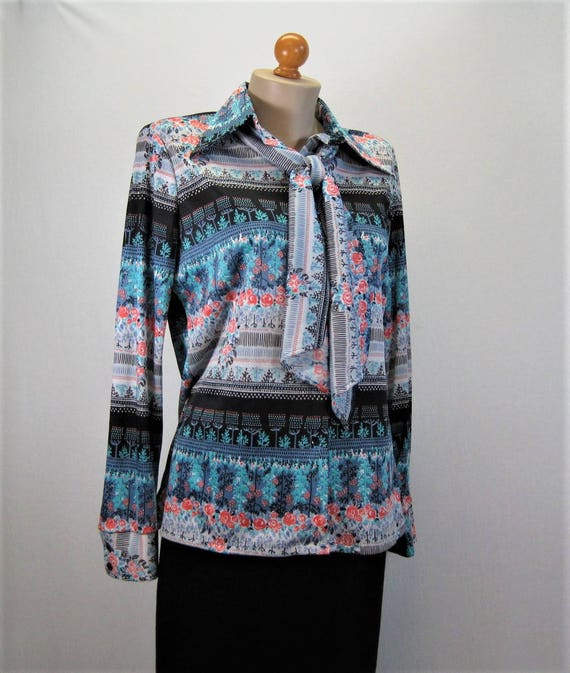 VTG 70s Print Blouse  / Floral Stripe Polyester T… - image 9