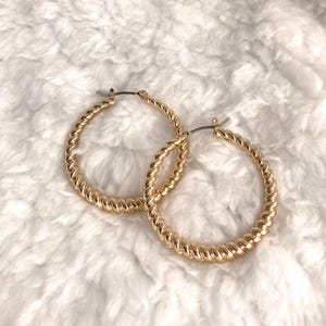 Vintage Style Gold Hoop Earrings, Textured Twist Polished Gold Tone Pierced Earrings