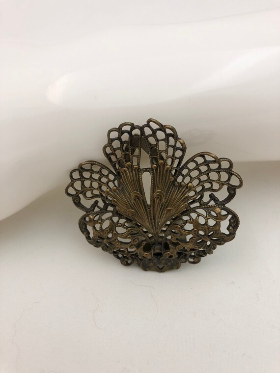 Vintage 1930s Brass Dress Clip / Art Deco Fan & Flora… Gem