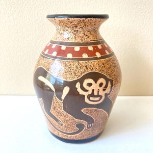 Handmade Costa Rican Moneky Vase, VTG Artist Signed Folk Art Pottery, Small Rustic Home Decor Bud Vase