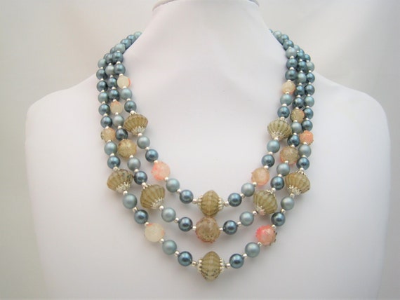 Vintage Mid Century Blue Beaded Necklace / VTG 50… - image 6