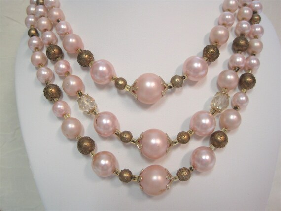 Vintage Pale Pink & Gold Dust Bead Necklace / VTG… - image 6