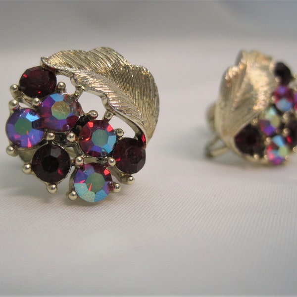 Vintage Lisner Aurora Borealis Earrings / VTG Designer Red Rhinestone Screw Back Earrings / Mid Century Evening Cocktail Earrings