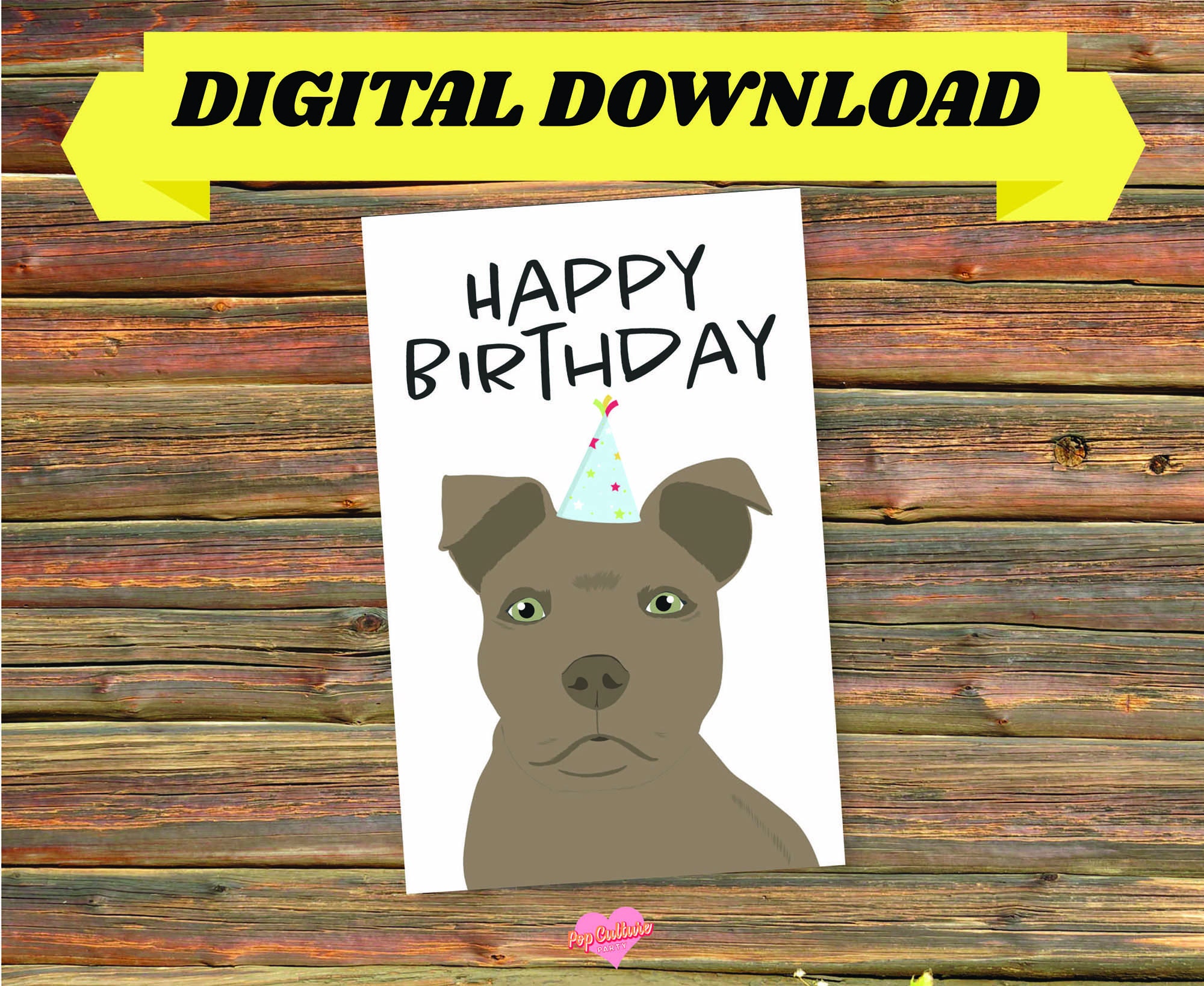 Pitbull Birthday Card Digital Download Gray American Pitbull | Etsy