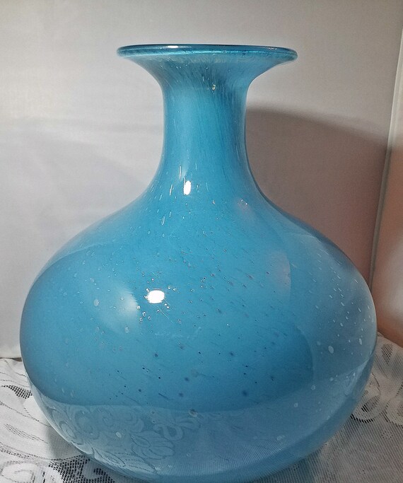 Turquoise Glass Vase Bulbous Opaque Vase Slim Neck Flared Etsy