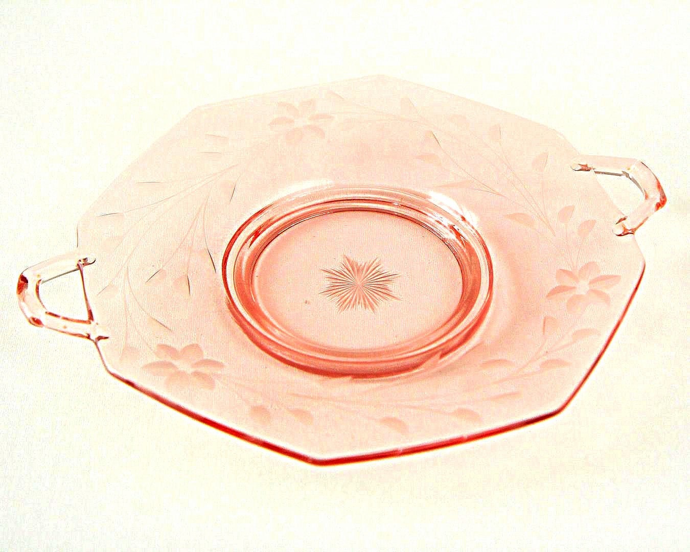 Pink Depression Glass Serving Tray Plate Etched Hexagon Etsy
