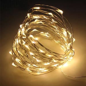 May include: A coiled string of warm white LED fairy lights. The lights are on a thin, flexible silver wire, creating a soft, ambient glow. The lights are clustered together, with the wire forming a tangled, yet organized, bundle.