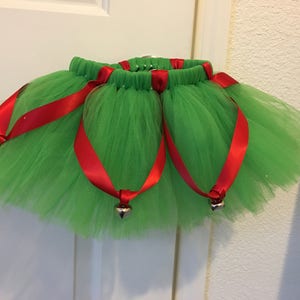 Elf Tutu, Green Tulle, Red Ribbon, Holiday Bells