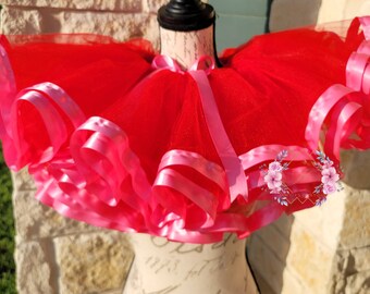 Valentines day tutu, hot pink tutu, birthday tutu, ribbon trimmed, pink tutu, red tutu, sizes preemie to 14/16 teens, custom tutu