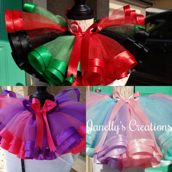 Create your own (2-4 colors) ribbon trimmed tutu sizes preemie to 10/12, Birthday tutu, you choose colors, custom tutu, many colors