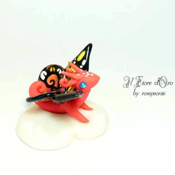 Dragon: Baby Butterfly hatchling. Handmade OOAK sculpture of cold porcelain with multicolored wings & heart base, fantasy collection Italy