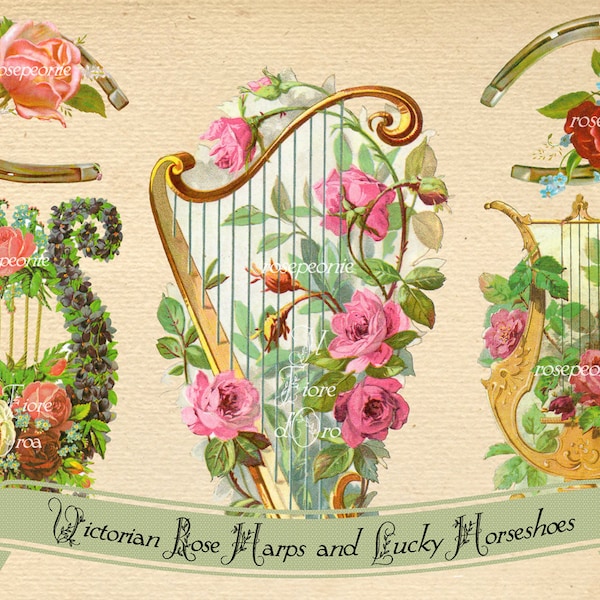 Victorian Harps and Horseshoes with roses and flowers - Beautiful vintage images for scrapbooking, collage, shabby chich decoupage DOWNLOAD