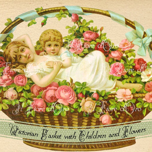 Basket with Children and Flowers - Romantic Victorian images for decorations découpage, scrapbooking, digital collage shabby chic DOWNLOAD