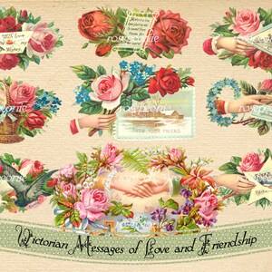 Love and Friendship Messages - Beautiful Victorian images with flowers for collages, scrapbooking, wedding, gift cards digital DOWNLOAD