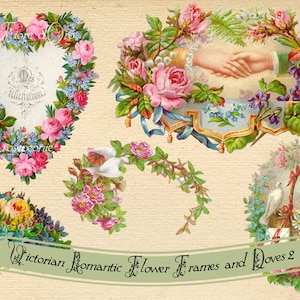 Puede incluir: Cinco marcos florales vintage y palomas con una pancarta que dice "Victorian Romantic Flower Frames and Doves 2". Los marcos están hechos de flores rosas, blancas y azules con hojas verdes. Las palomas son blancas y están posadas en una rama.