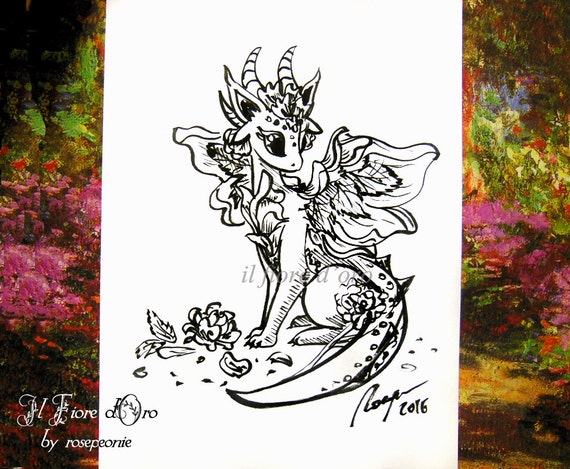 Dragon Illustration Rose Dragon With Flower Original Haiku Ink Drawing On High Quality Paper Legend Myth Italy Art Collection Flame Ooak