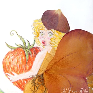 Dibujo original al pastel: Hadas de la fruta "Fresa". Realizado en cartón con pétalos de flores y hojas, guardería infantil de fantasía de hadas.