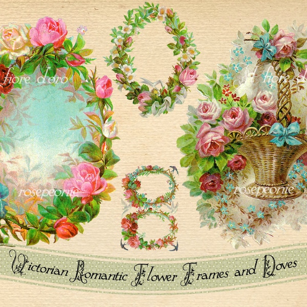 Victorian Wedding Romantic Wreaths with doves and flowers - Beautiful vintage images for collages, scrapbooking etc. DOWNLOAD