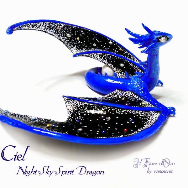 Dragon sculpture: Ciel, Night Sky Spirit Dragon. OOAK fantasy miniature with wings, stars and moon, hand-modeled cold porcelain collectible