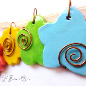 Rainbow morsels - necklaces with natural clay pendants ceramic-effect in pink, yellow, green and light blue colors and copper wire swirl