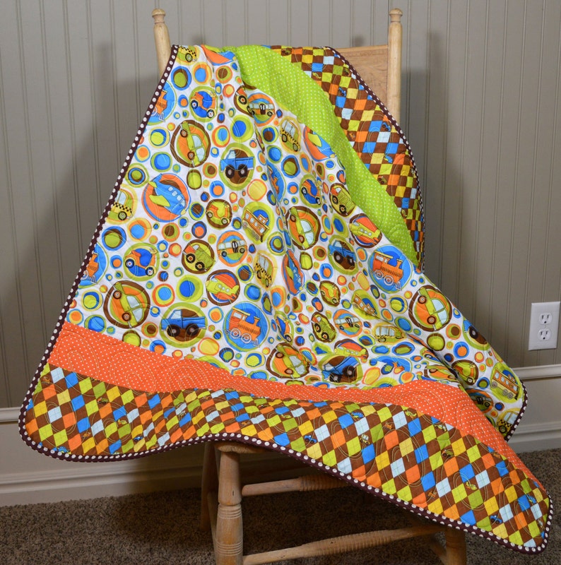 Cars Planes Trains Baby Boy Quilt Stroller Blanket Modern Handmade Bassinet Bedding Brown Orange Green Blue On The Go Babyquilt