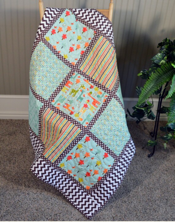 Giraffe Baby Quilt Nursery Bedding Crib Brown Chevron Dot Blanket Handmade Stroller