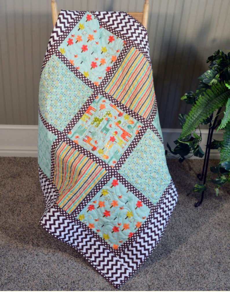 Giraffe Baby Quilt, Nursery Bedding, Crib Quilt, Brown Chevron Quilt